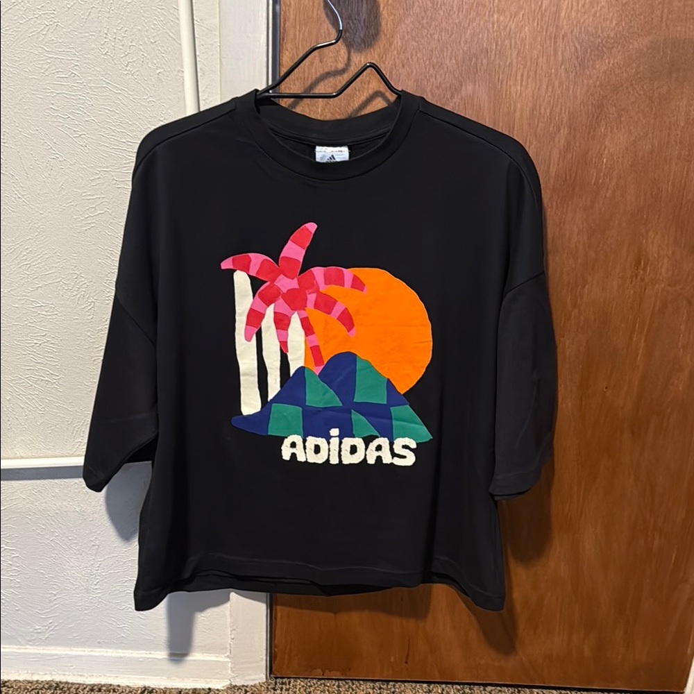 Adidas Black and Pink Short Sleeve Tee with Graphic Design